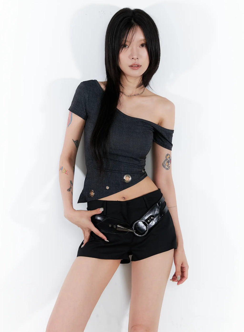 Asymmetric Eyelet Crop Top CL525