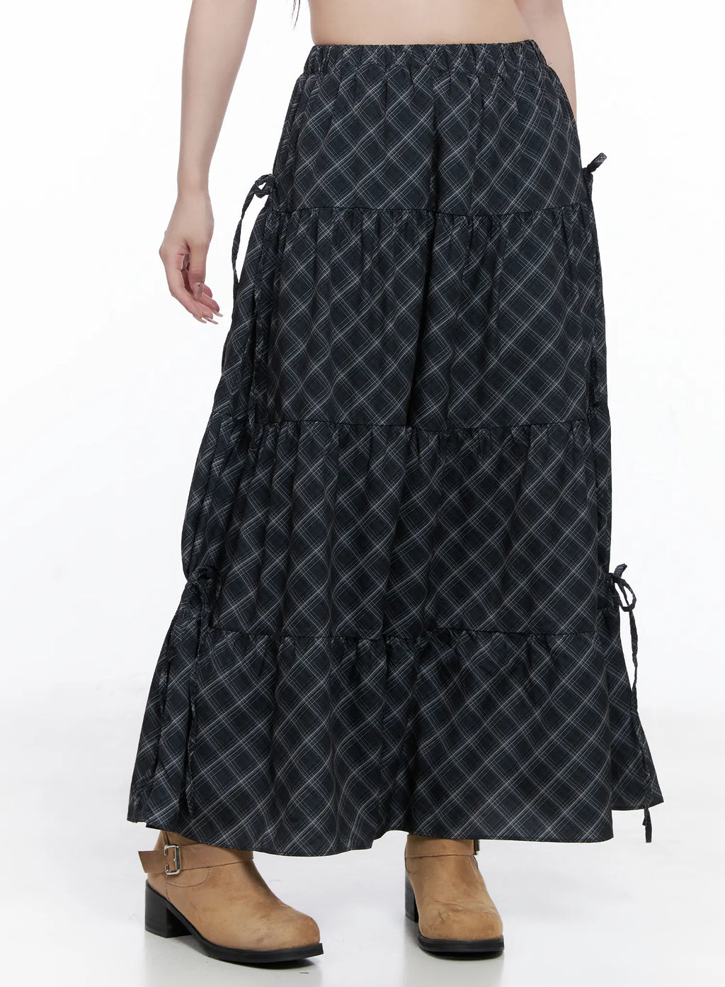 Plaid Maxi Skirt with Ribbon Details CG529