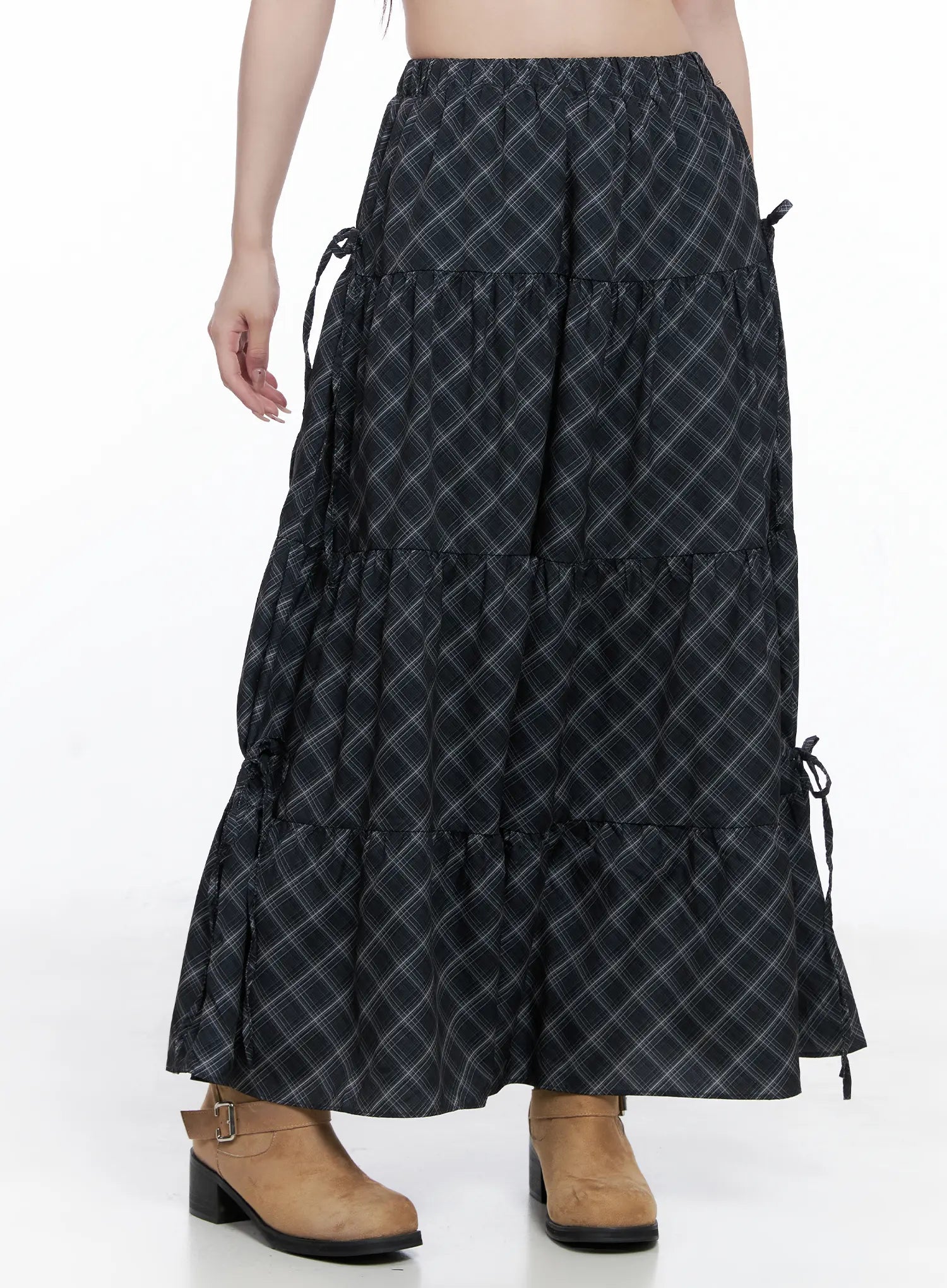 Plaid Maxi Skirt with Ribbon Details CG529