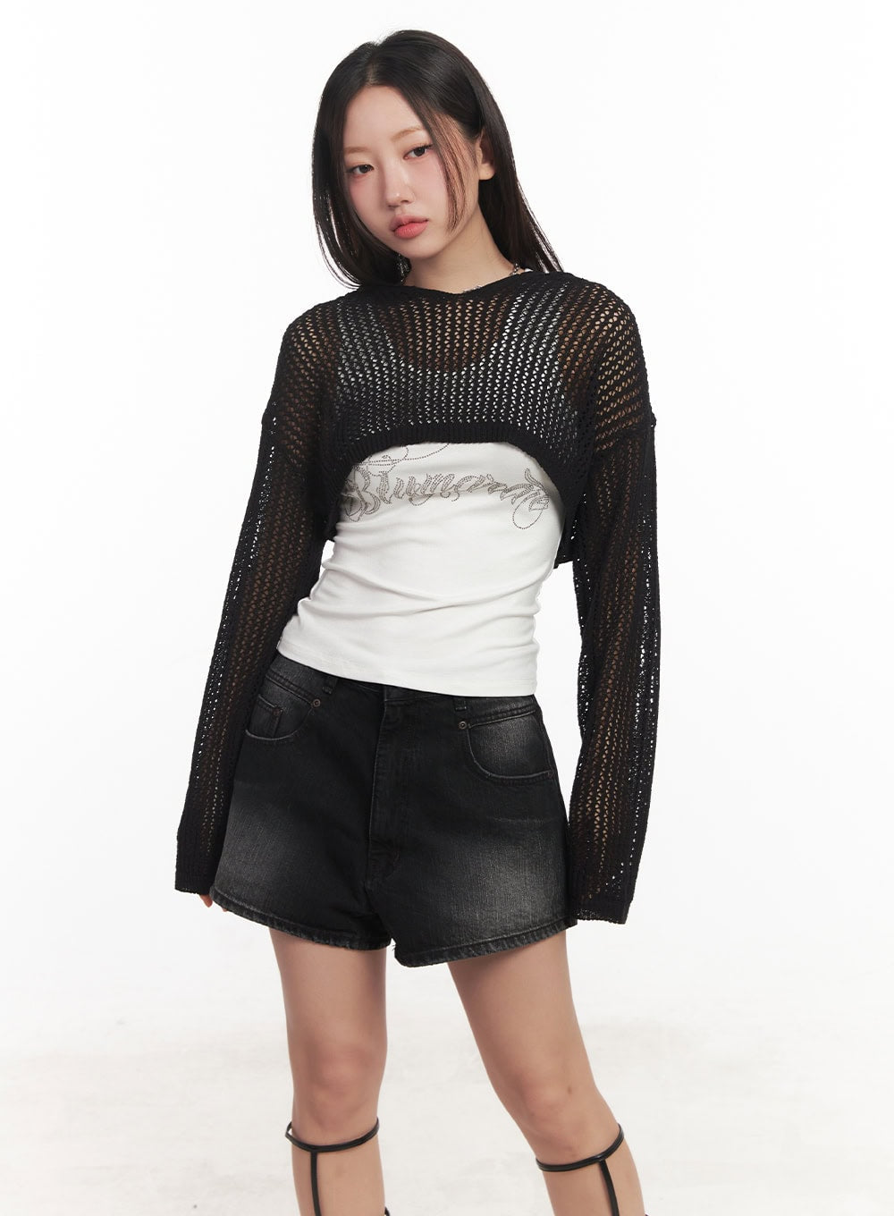 Knit Mesh Crop Long-Sleeve Top CA529