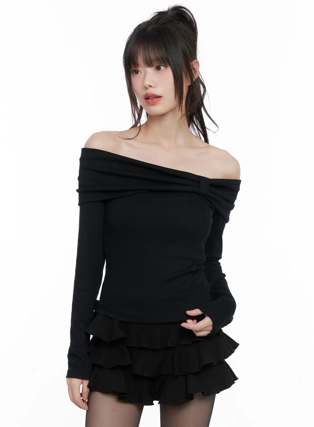 Ribbed Off-Shoulder Long Sleeve Top CG518
