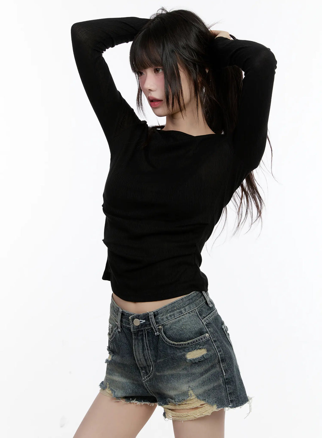 Boat-Neck Sheer Long-Sleeve Top CL507