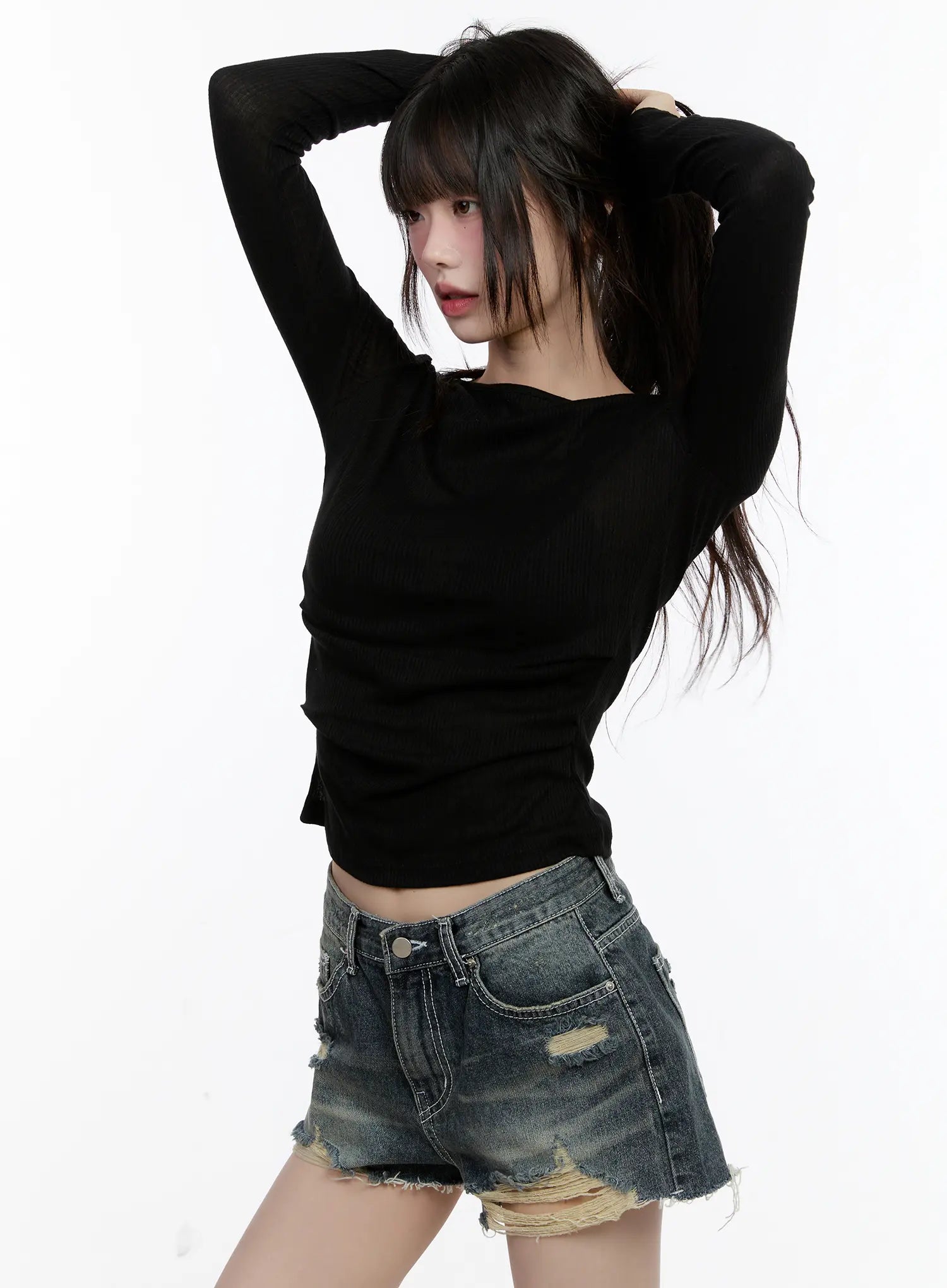 Boat-Neck Sheer Long-Sleeve Top CL507