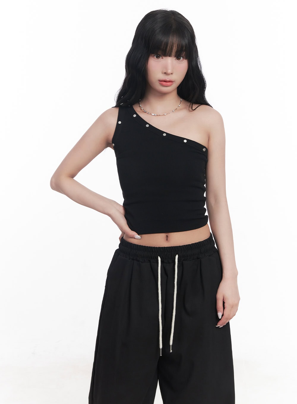 Studded One-Shoulder Crop Tank Top CY527
