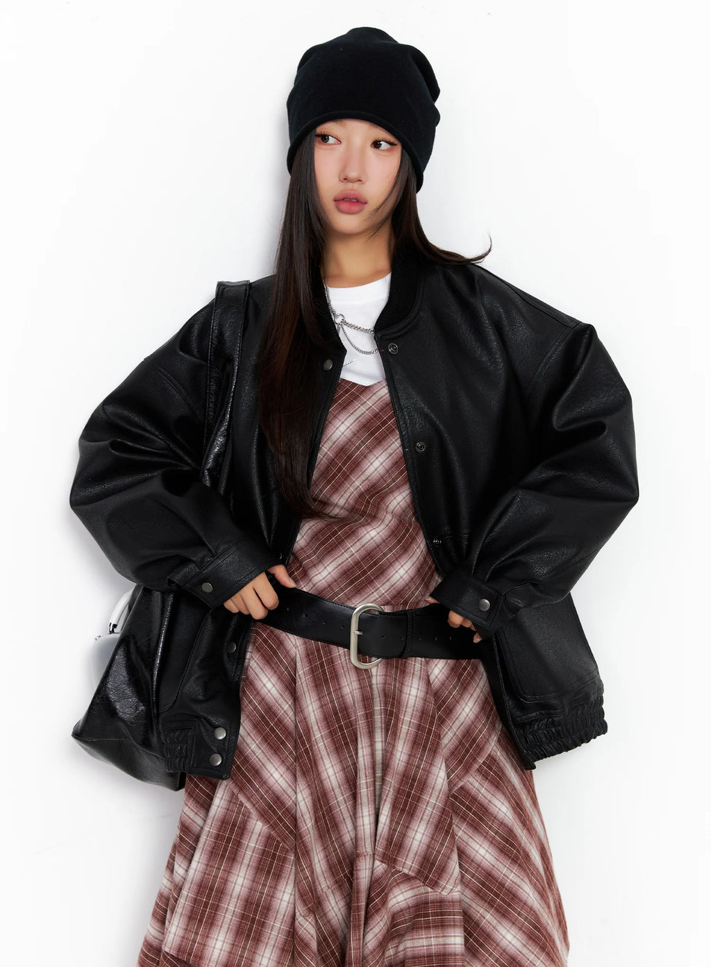 Oversized Faux Leather Baseball Jacket CO515