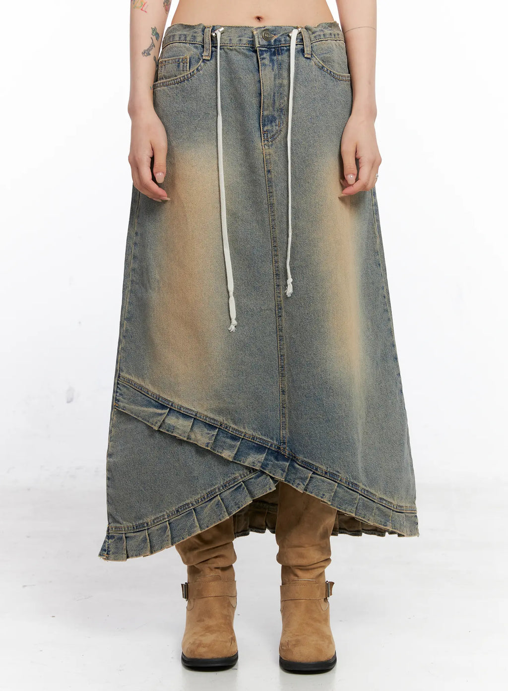 Asymmetric Ruffled Denim Maxi Skirt CO507