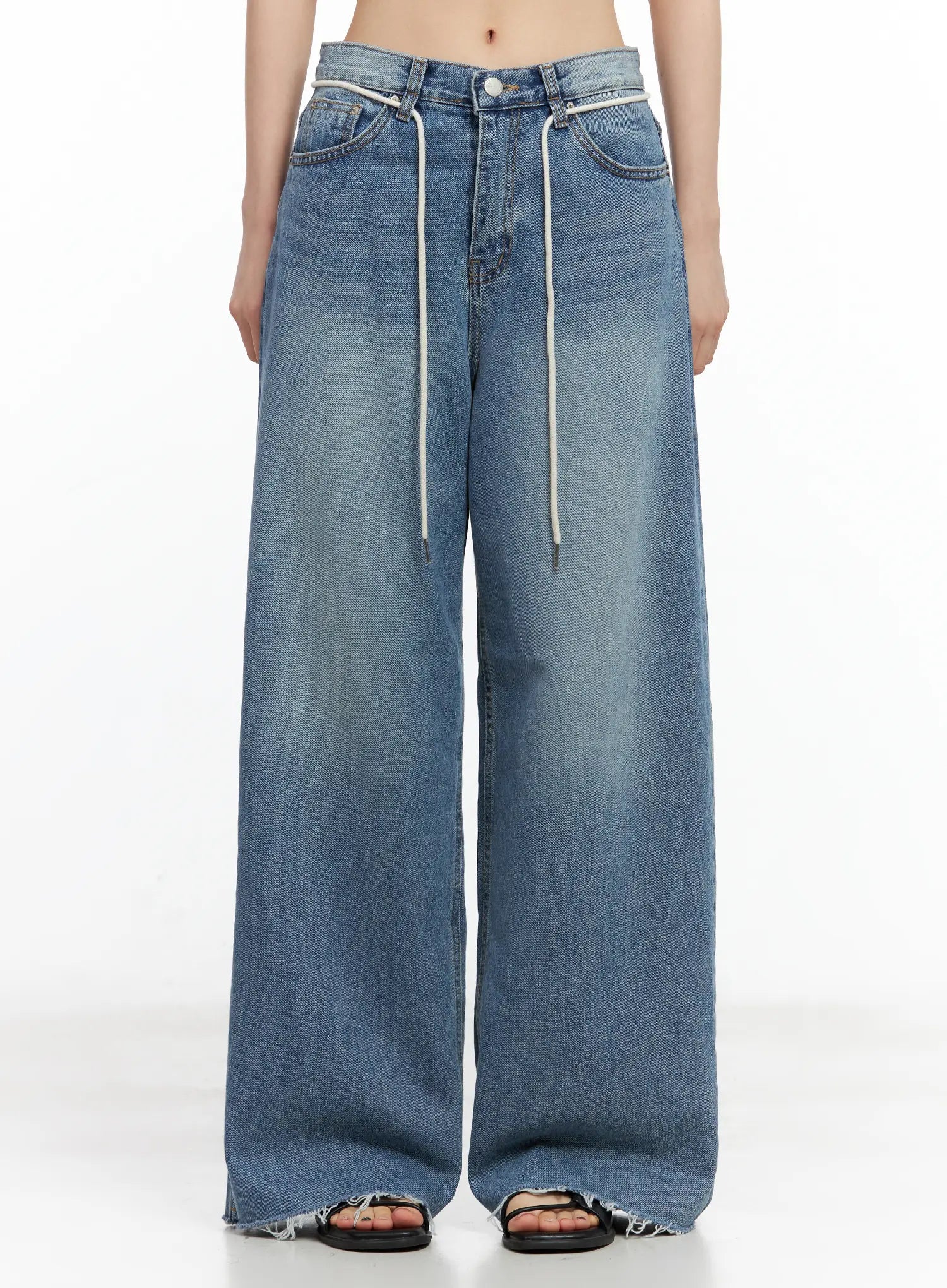Chaeyoung Drawstring Washed Wide-Leg Jeans CU530
