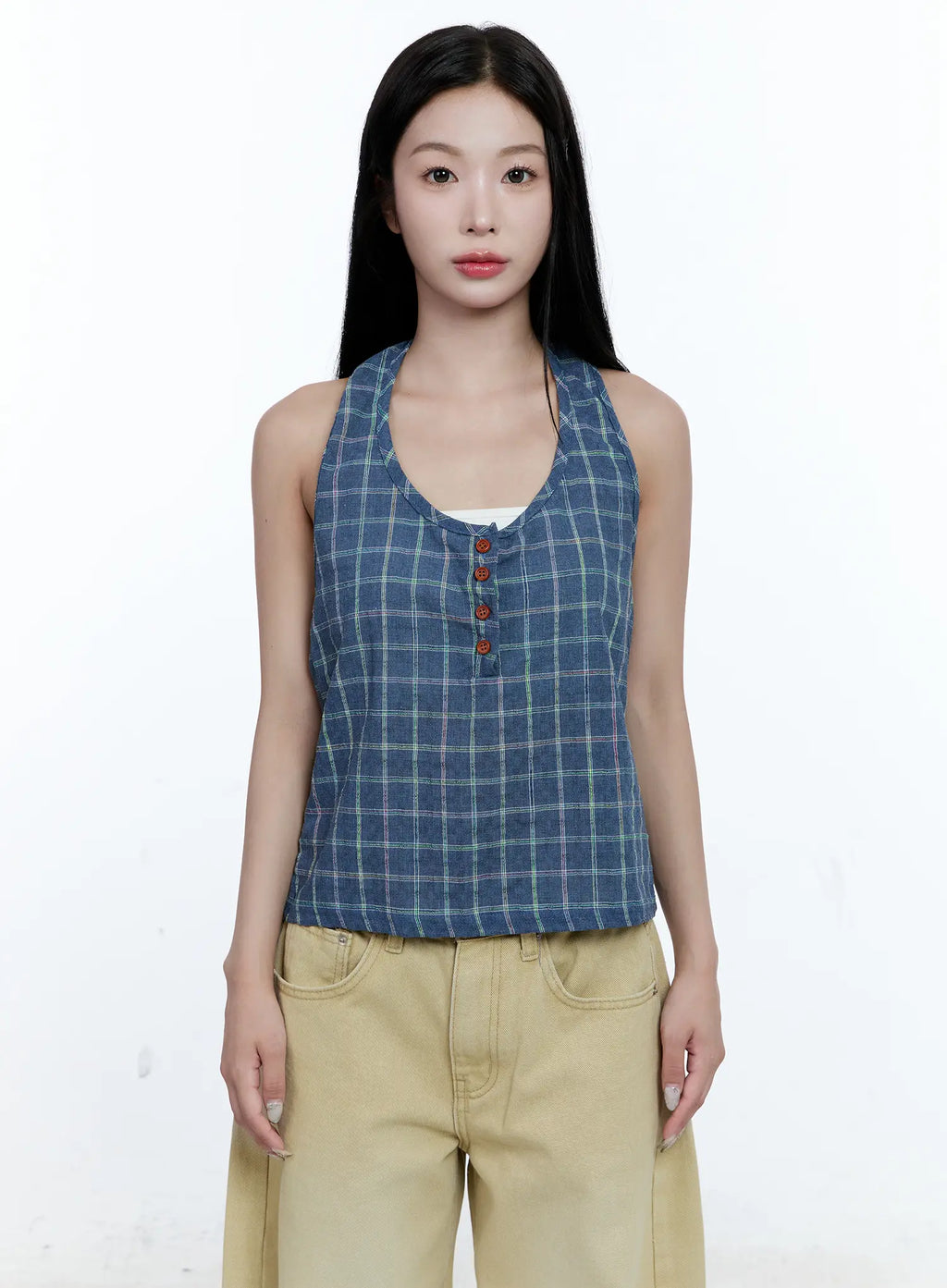 Plaid Button Halter Top CG507