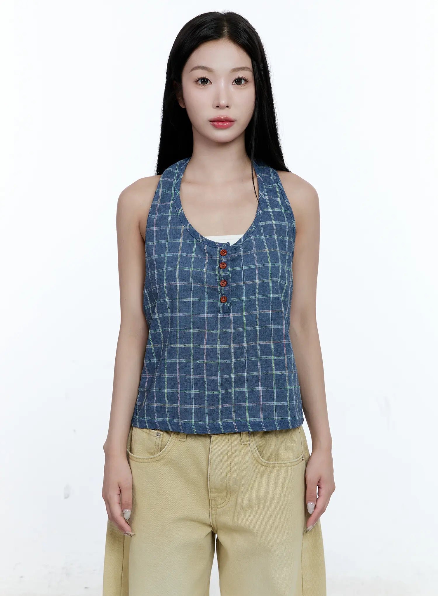 Plaid Button Halter Top CG507