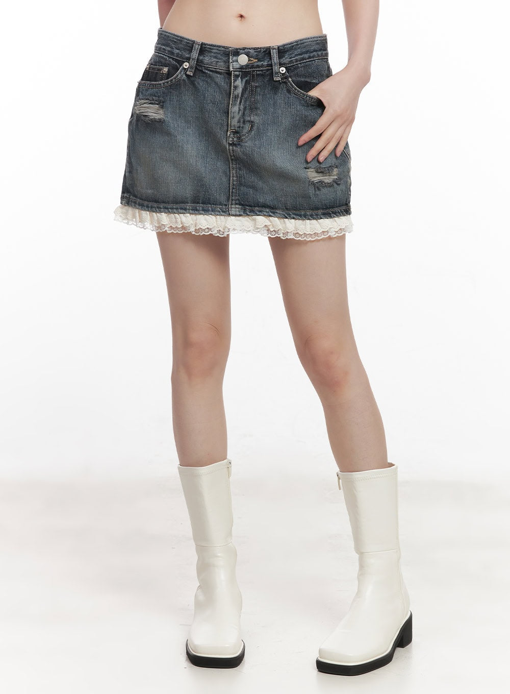 Lace-Trim Distressed Denim Mini Skirt CY521
