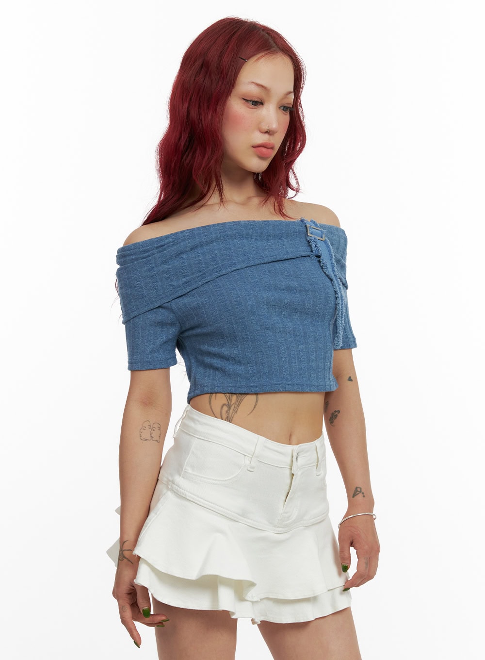 Denim Detail Off Shoulder Crop Top CY430