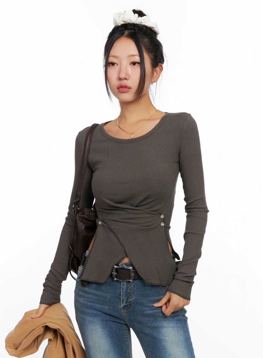 Ribbed U-Neck Button Detail Long Sleeve Top CO514