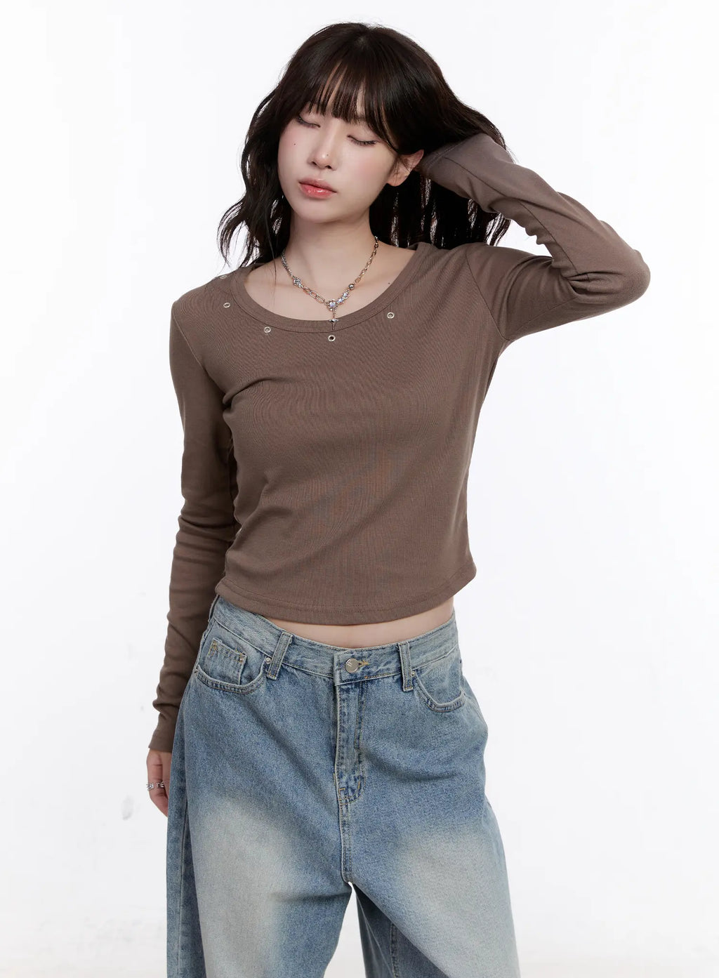 Ribbed U-Neck Eyelet Long Sleeve Top CS530