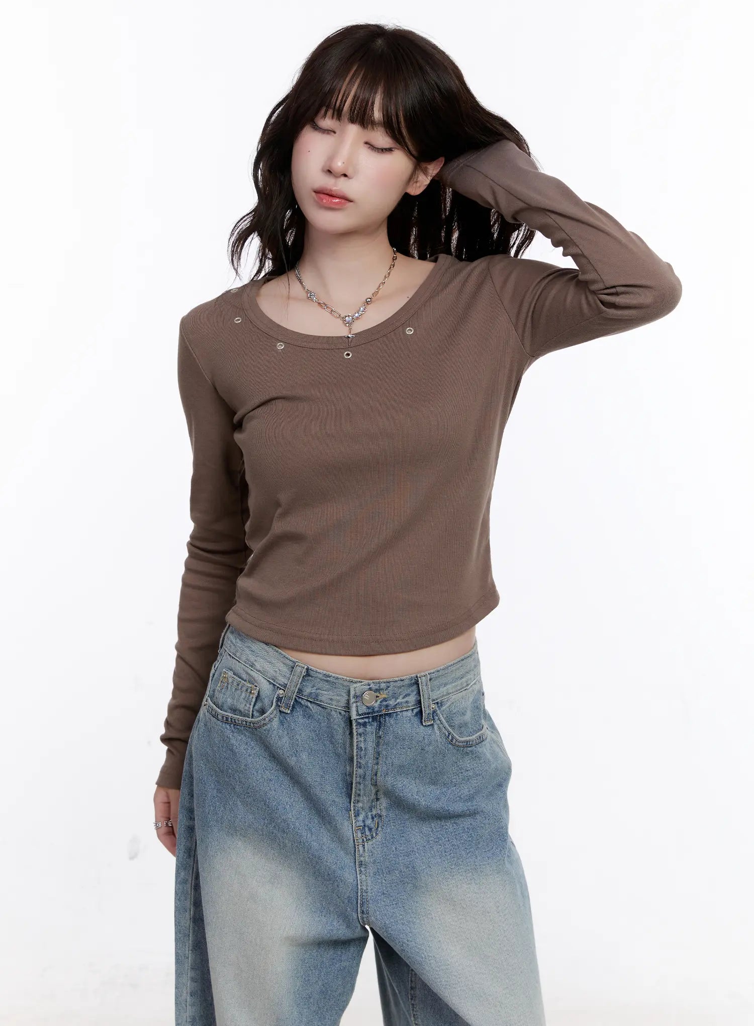 Ribbed U-Neck Eyelet Long Sleeve Top CS530