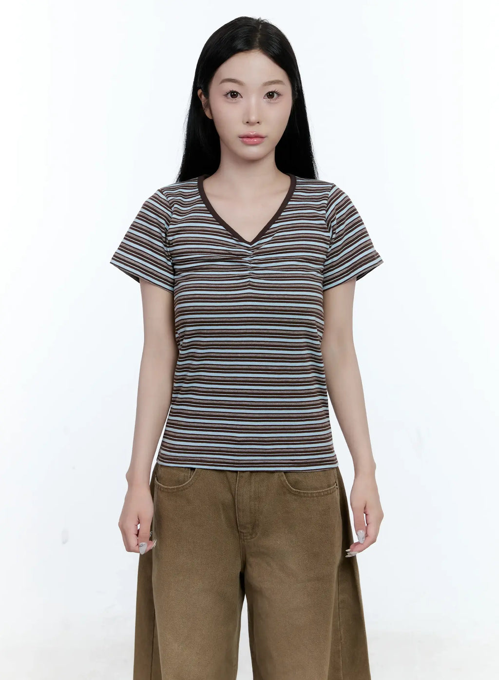 Striped V-Neck Shirred Tee CG501