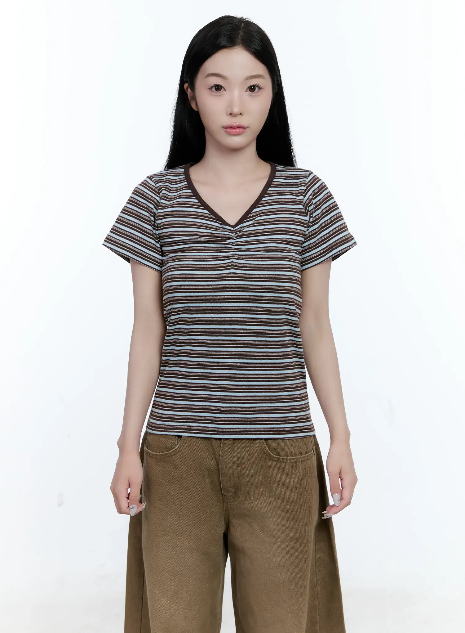 Striped V-Neck Shirred Tee CG501