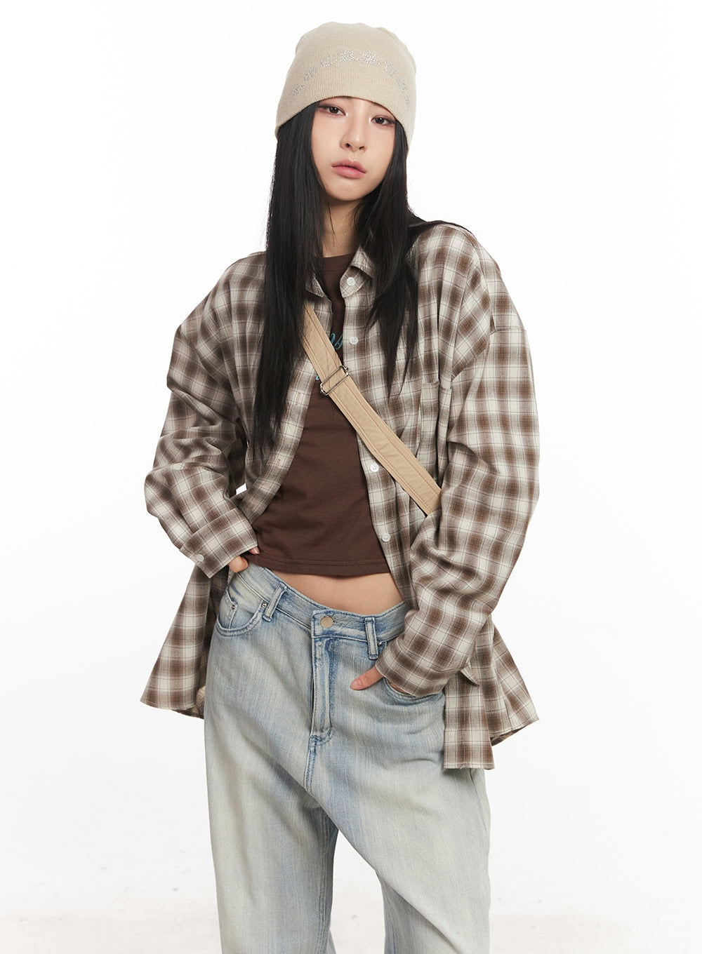 Oversized Plaid Print Button-Down Shirt CA514