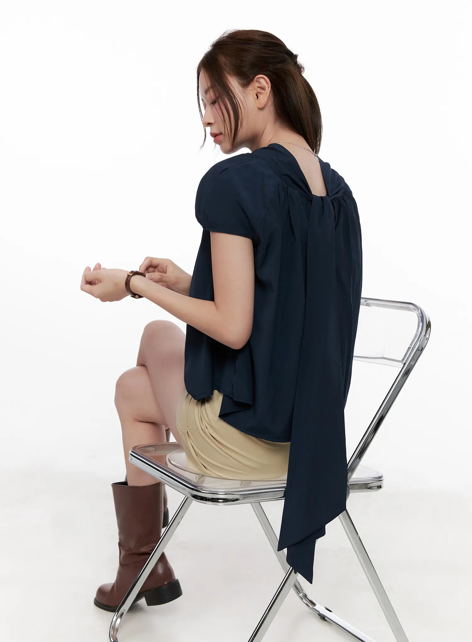 Shirred Ribbon Short-Sleeve Blouse CL523