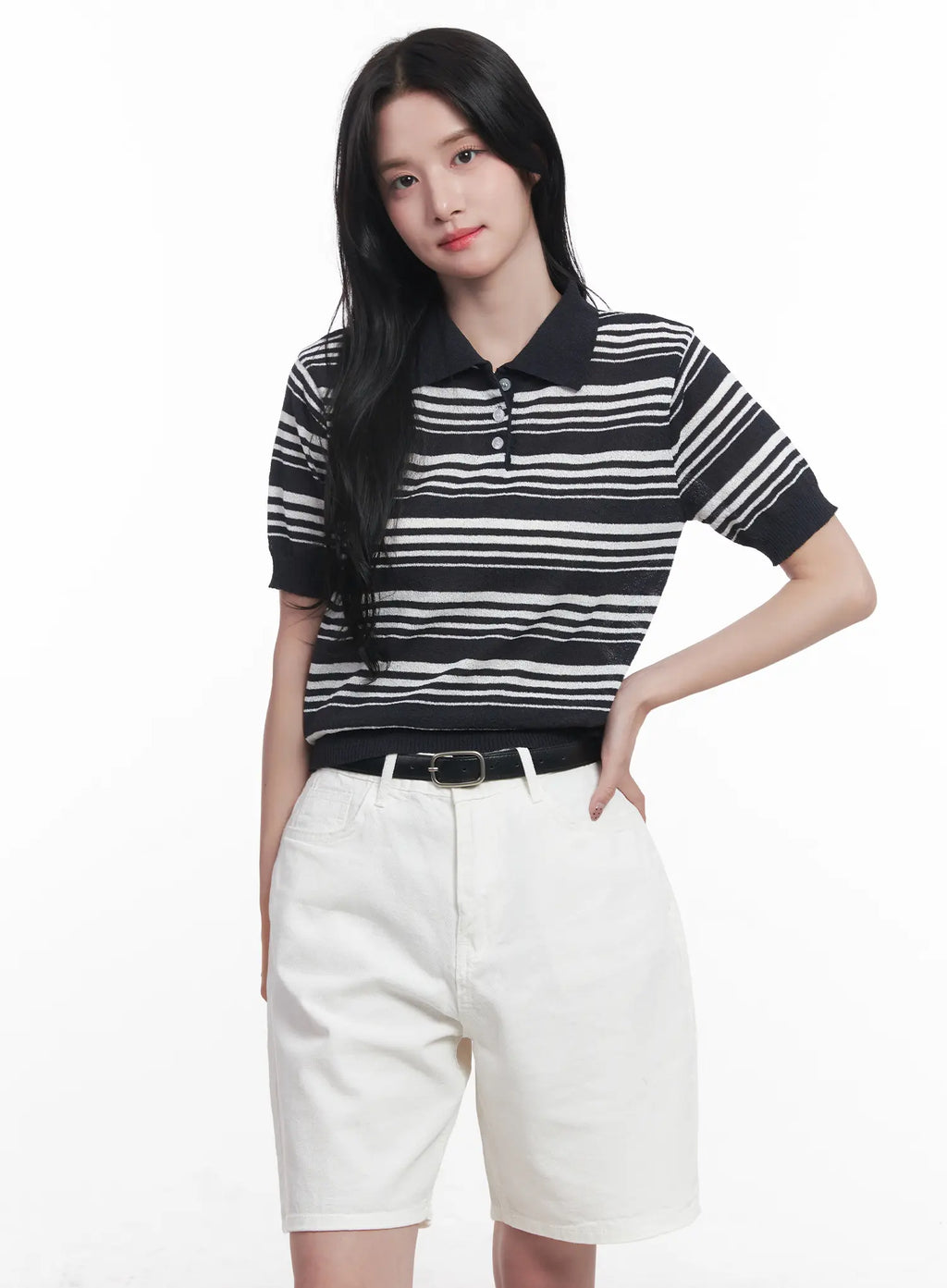 Striped Collared Short-Sleeve Sweater CU525