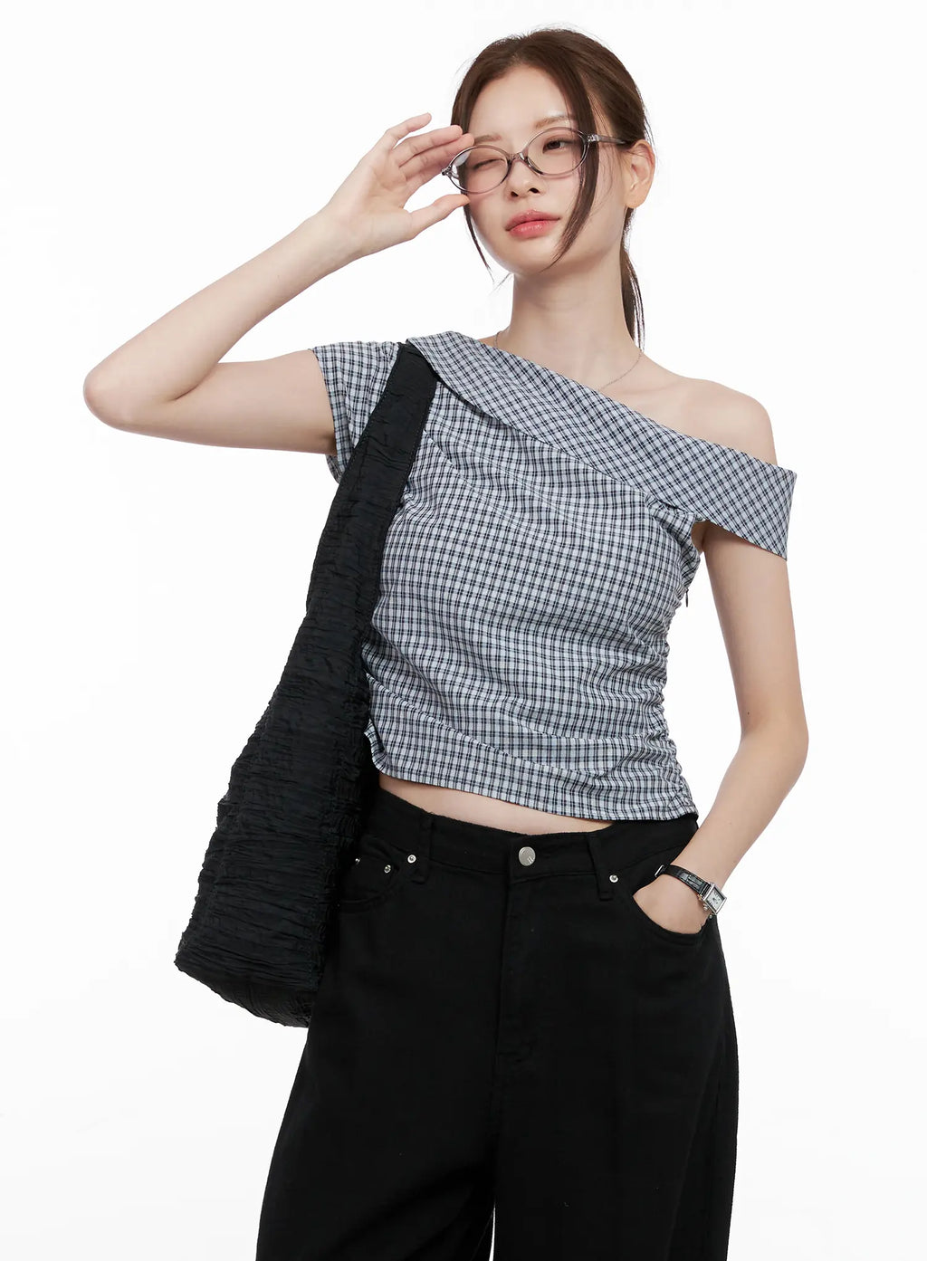Gingham Off-Shoulder Crop Top CL524