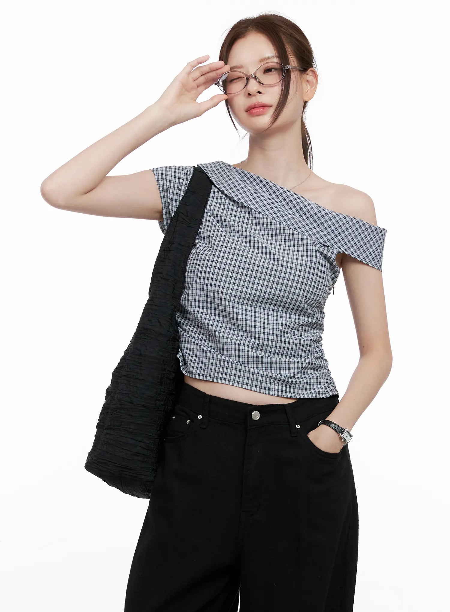 Gingham Off-Shoulder Crop Top CL524