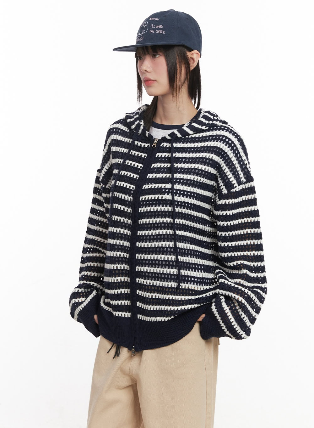 Striped Zip-Up Oversized Hooded Sweater CM520