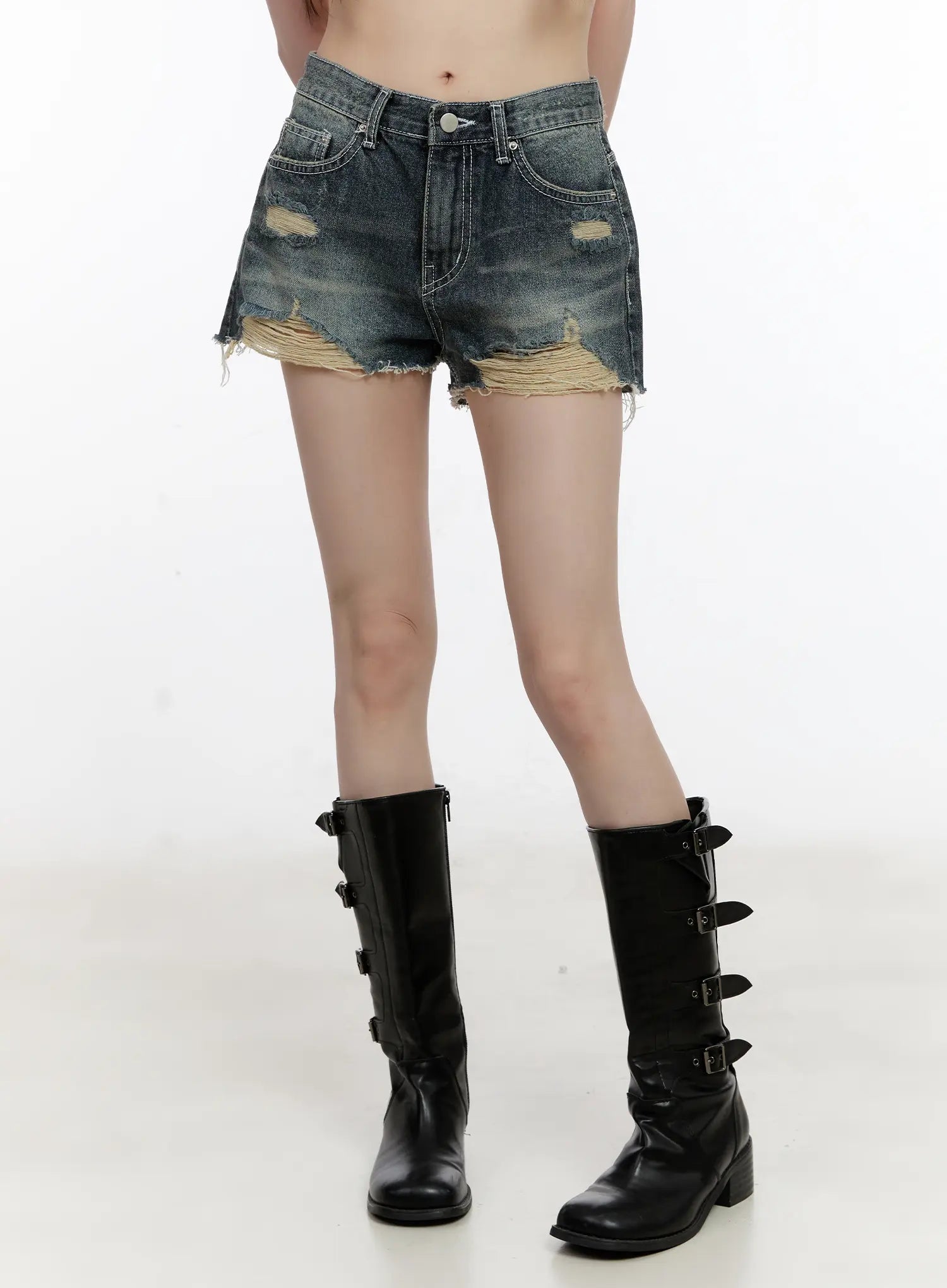 Distressed Vintage-Wash Denim Shorts CL507