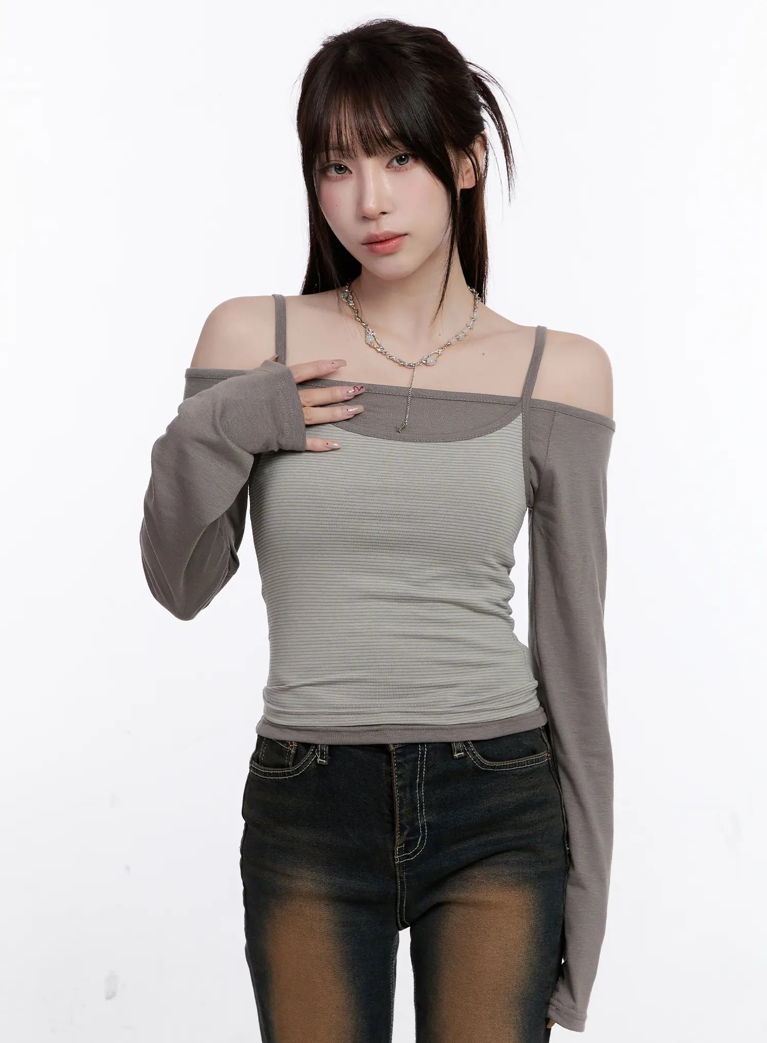 Off-Shoulder Layered Long Sleeve Top CO501