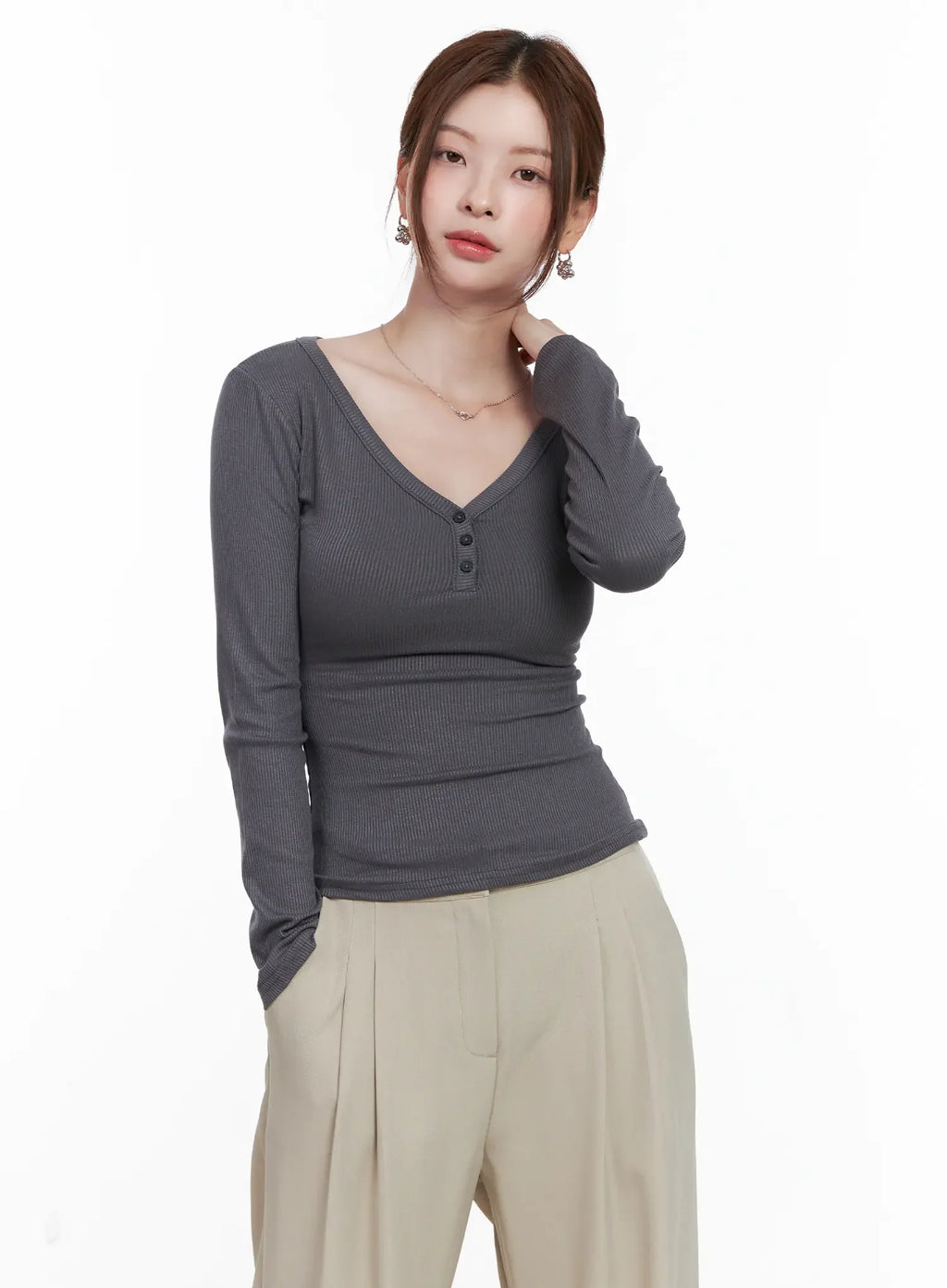 Slim-Fit Henley Neck Long Sleeve Top CG521