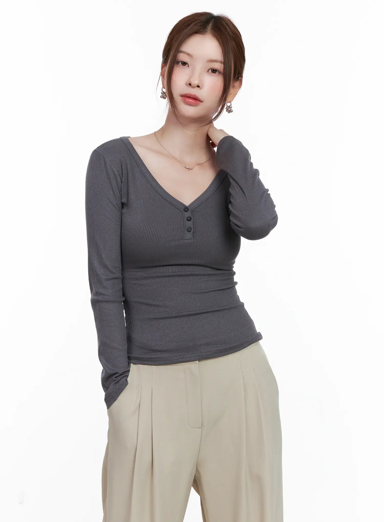 Slim-Fit Henley Neck Long Sleeve Top CG521