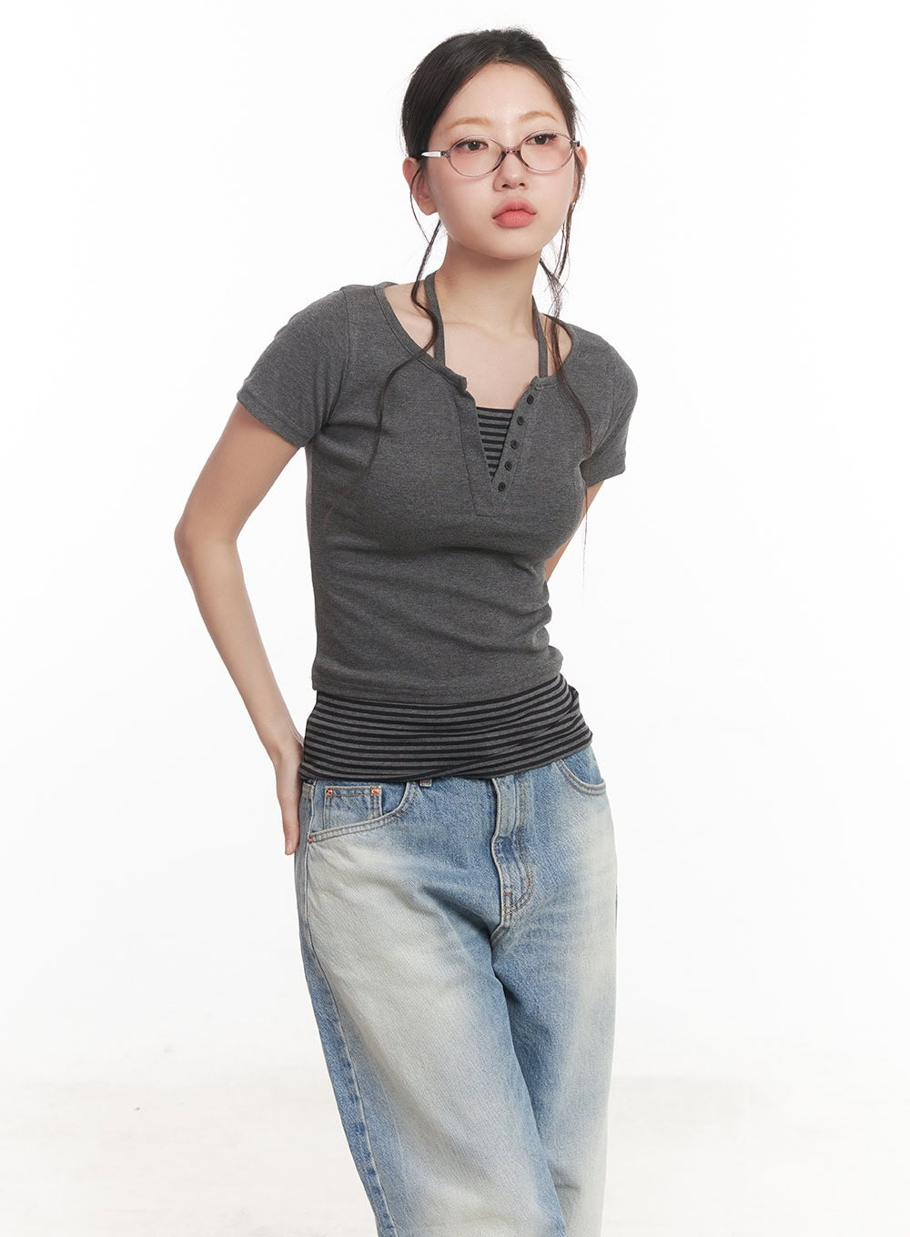 Layered Stripe Halter-Neck Buttoned Crop Top CA530