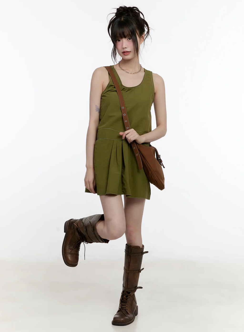 Olive Green Pintuck Mini Dress CL507