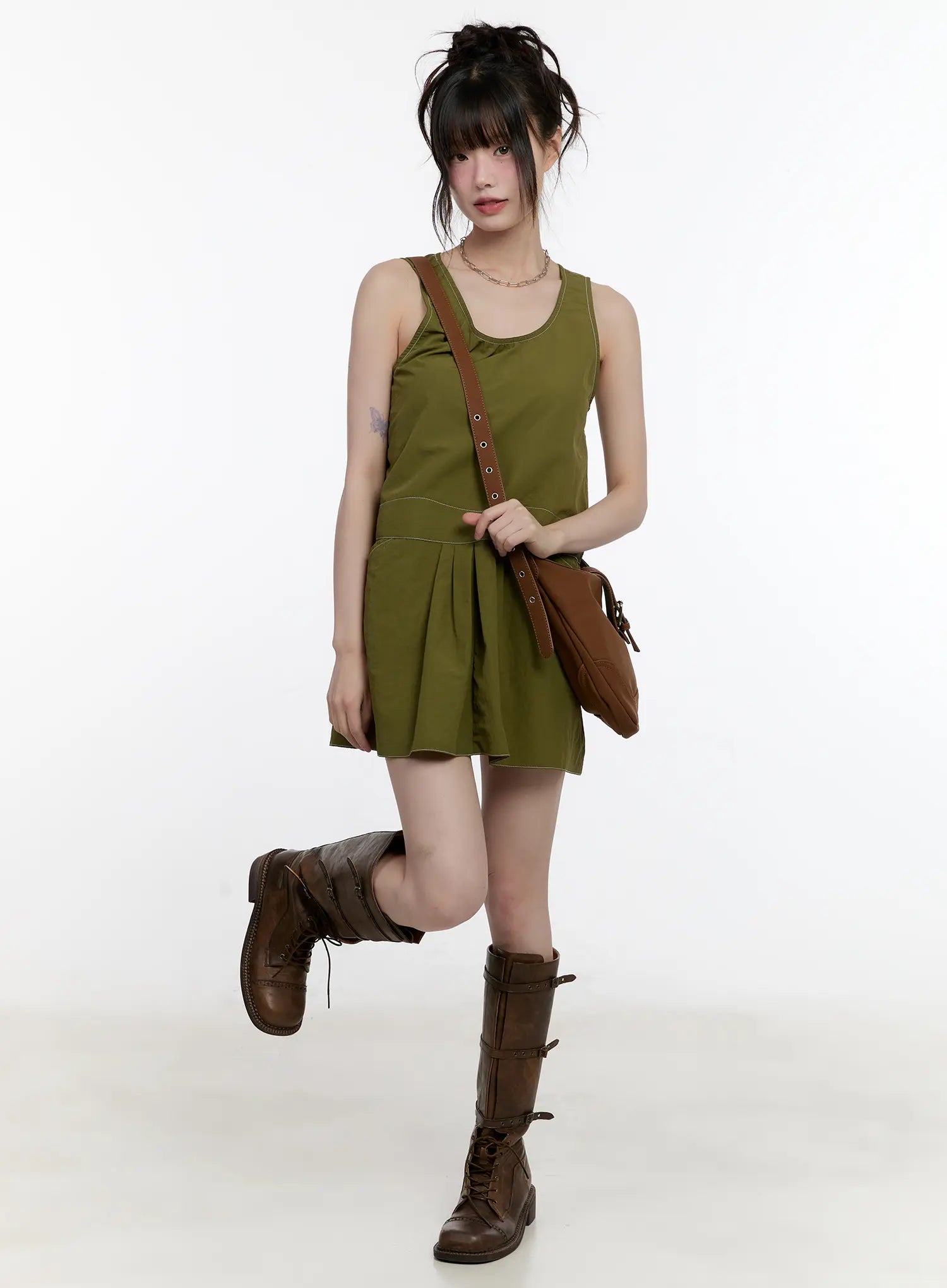 Olive Green Pintuck Mini Dress CL507