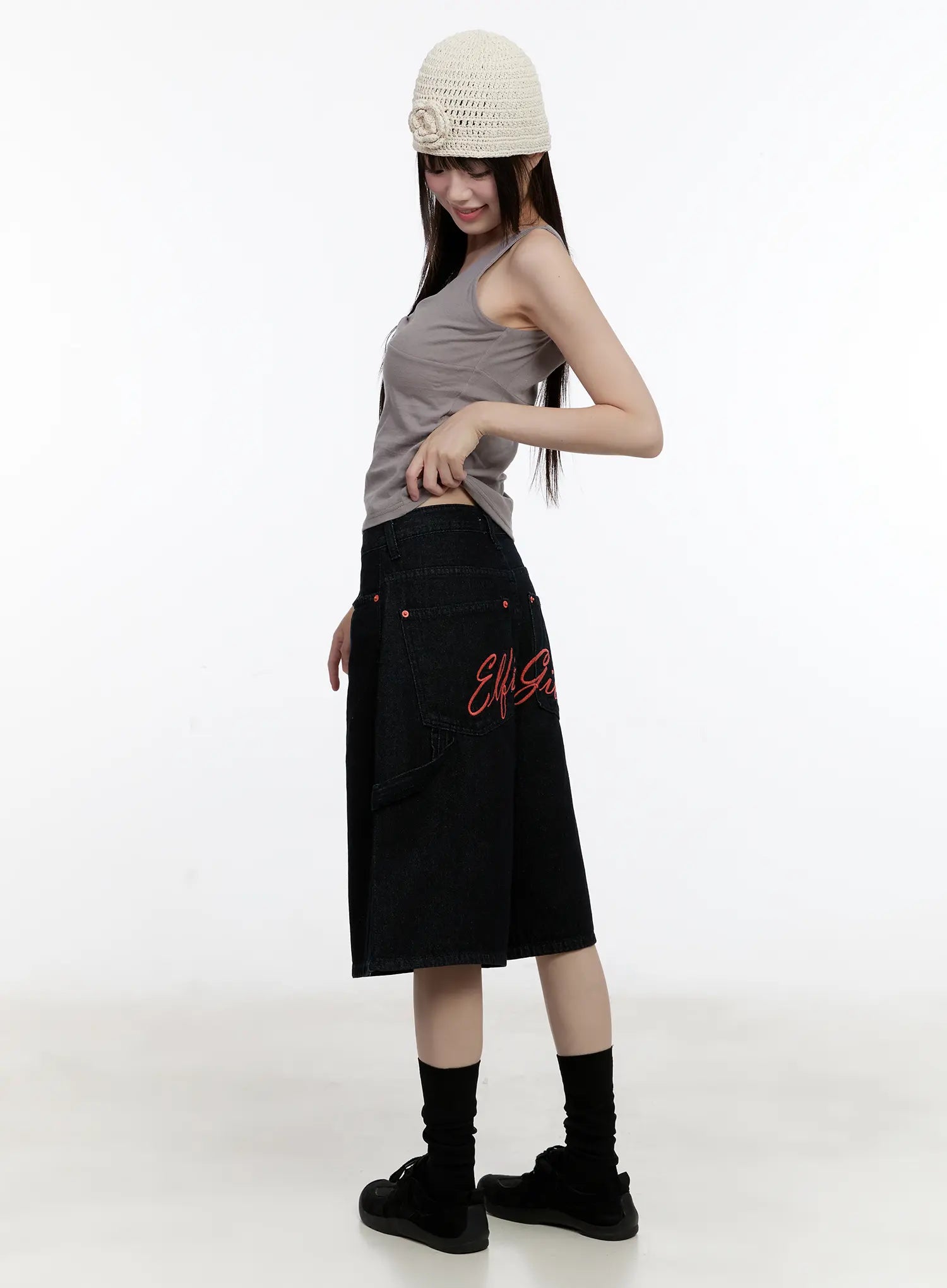 Red Text Graphic Embroidered Jorts CL504