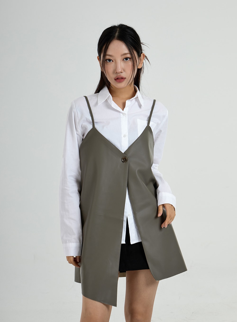 One Button Layered Faux Leather Dress CO24