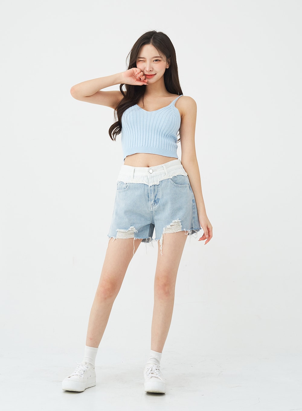 Two-Tone Distressed Denim Shorts BG12