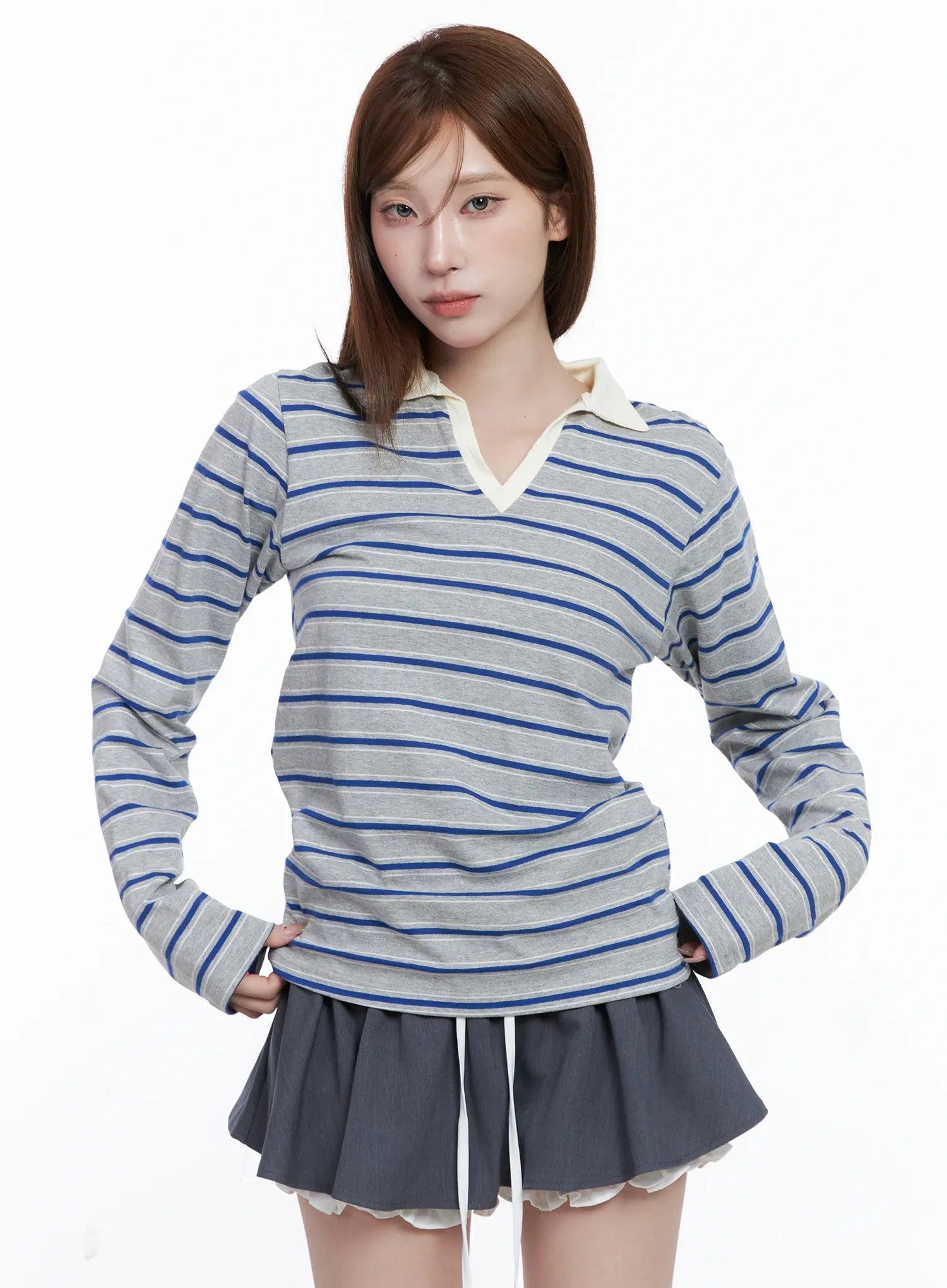 Striped V-Neck Collar Polo Shirt CG529