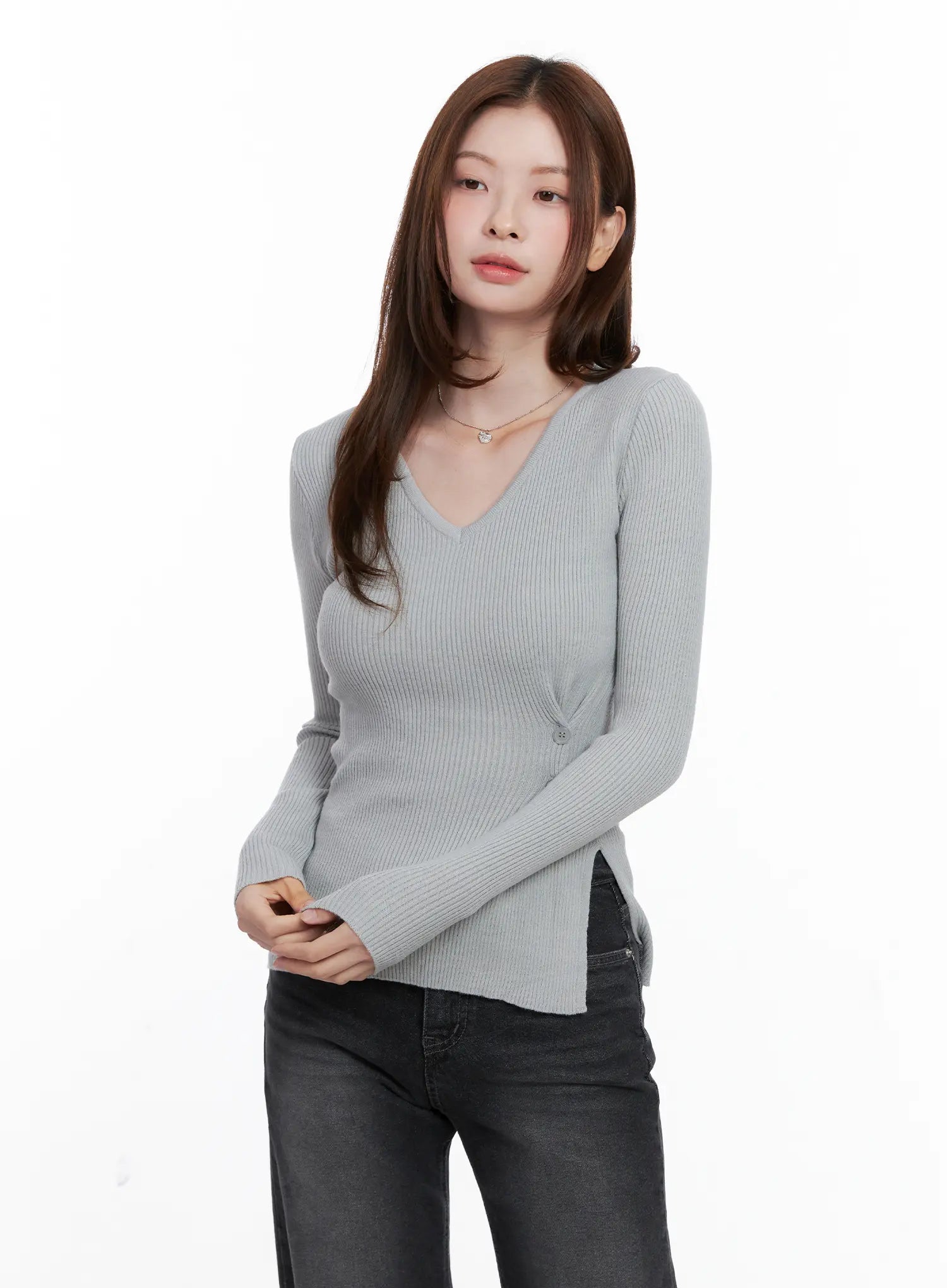 Ribbed V-Neck Long-Sleeve Knit Top CG521