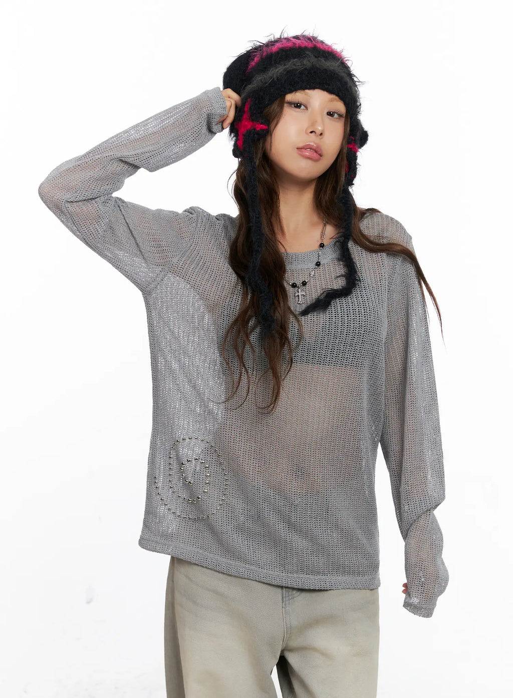 Studded Mesh Knit Long Sleeve Sweater CS522