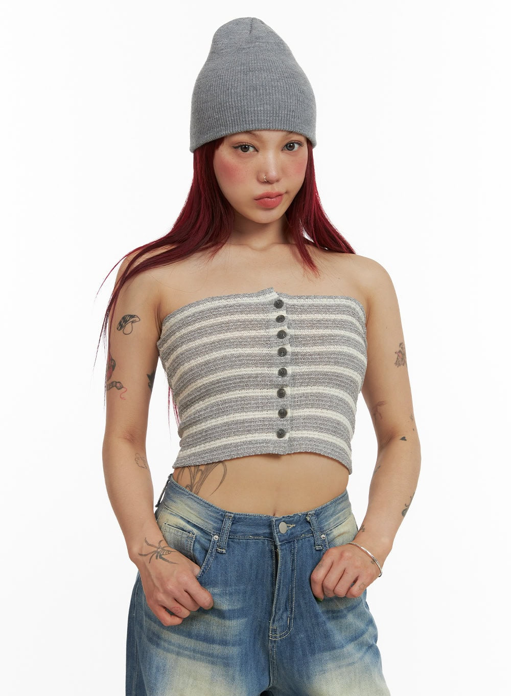 Stripe Buttoned Tube Top CY429