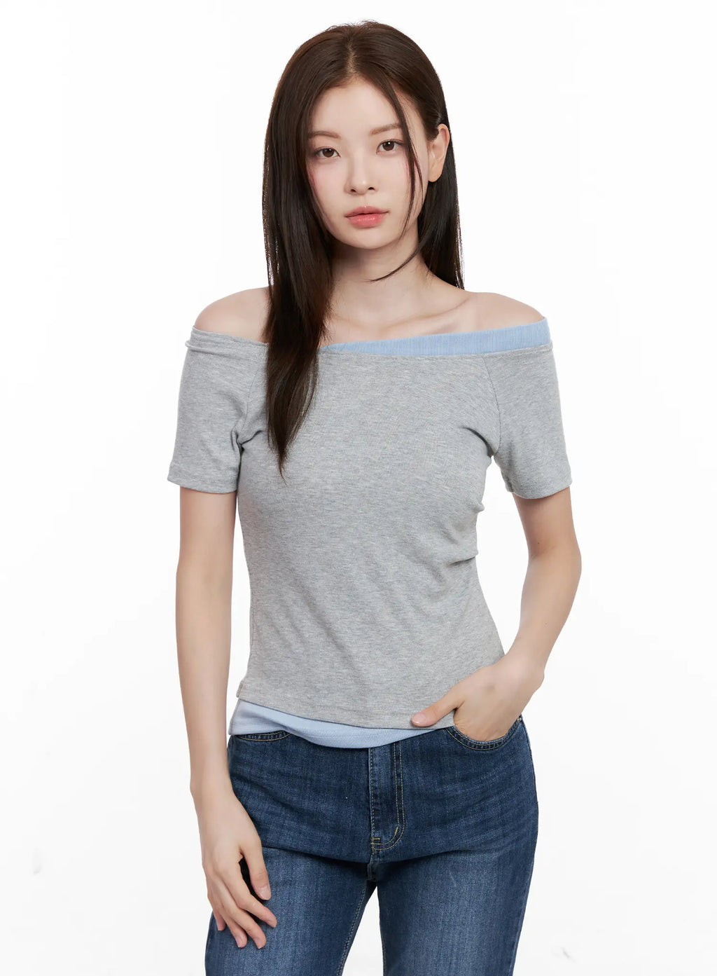 Contrast Off-Shoulder Short-Sleeve Tee CL524