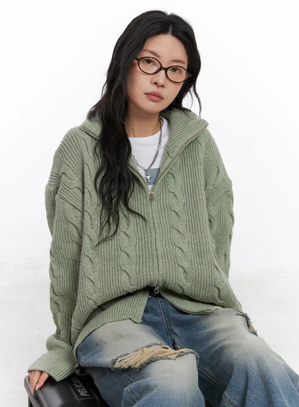 Oversized Cable Knit Zip-Up Sweater CO508