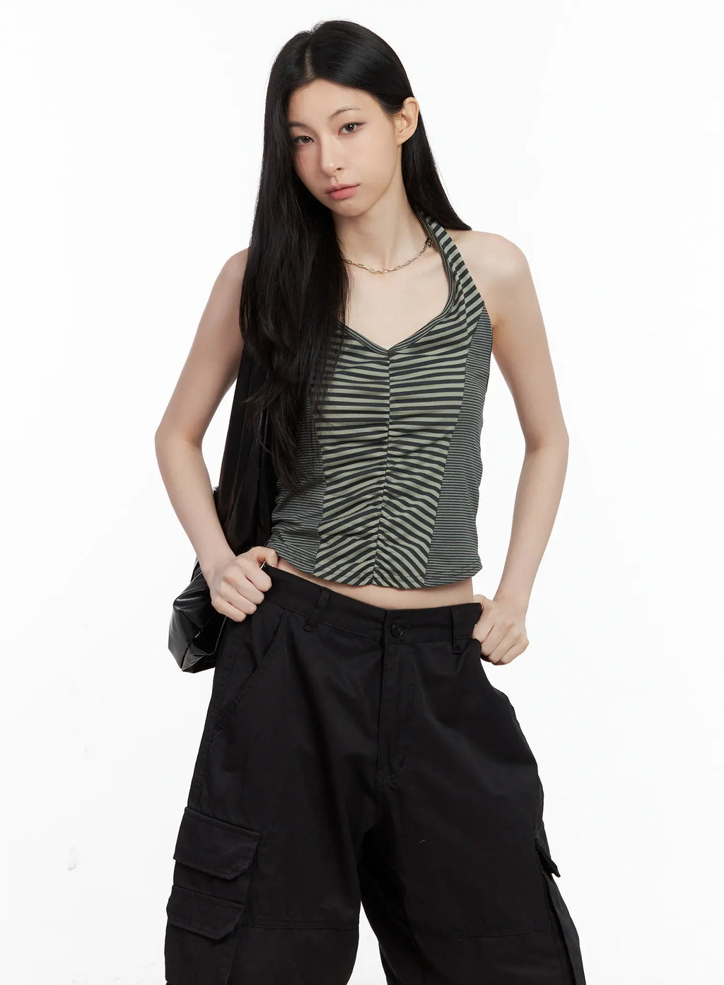 Ruched Striped Halter Top CU530