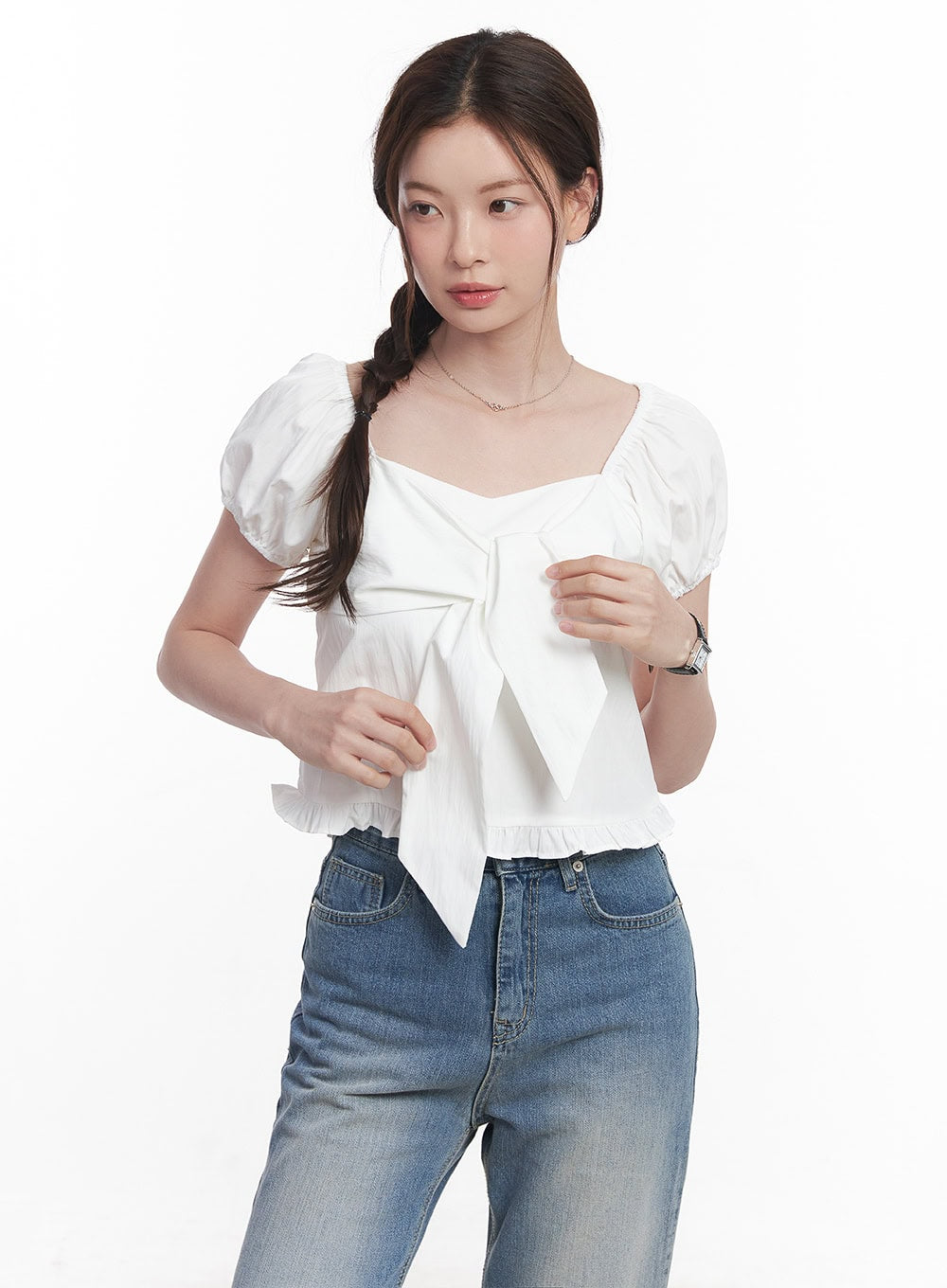 Ribbon Frill Square-Neck Top CY515