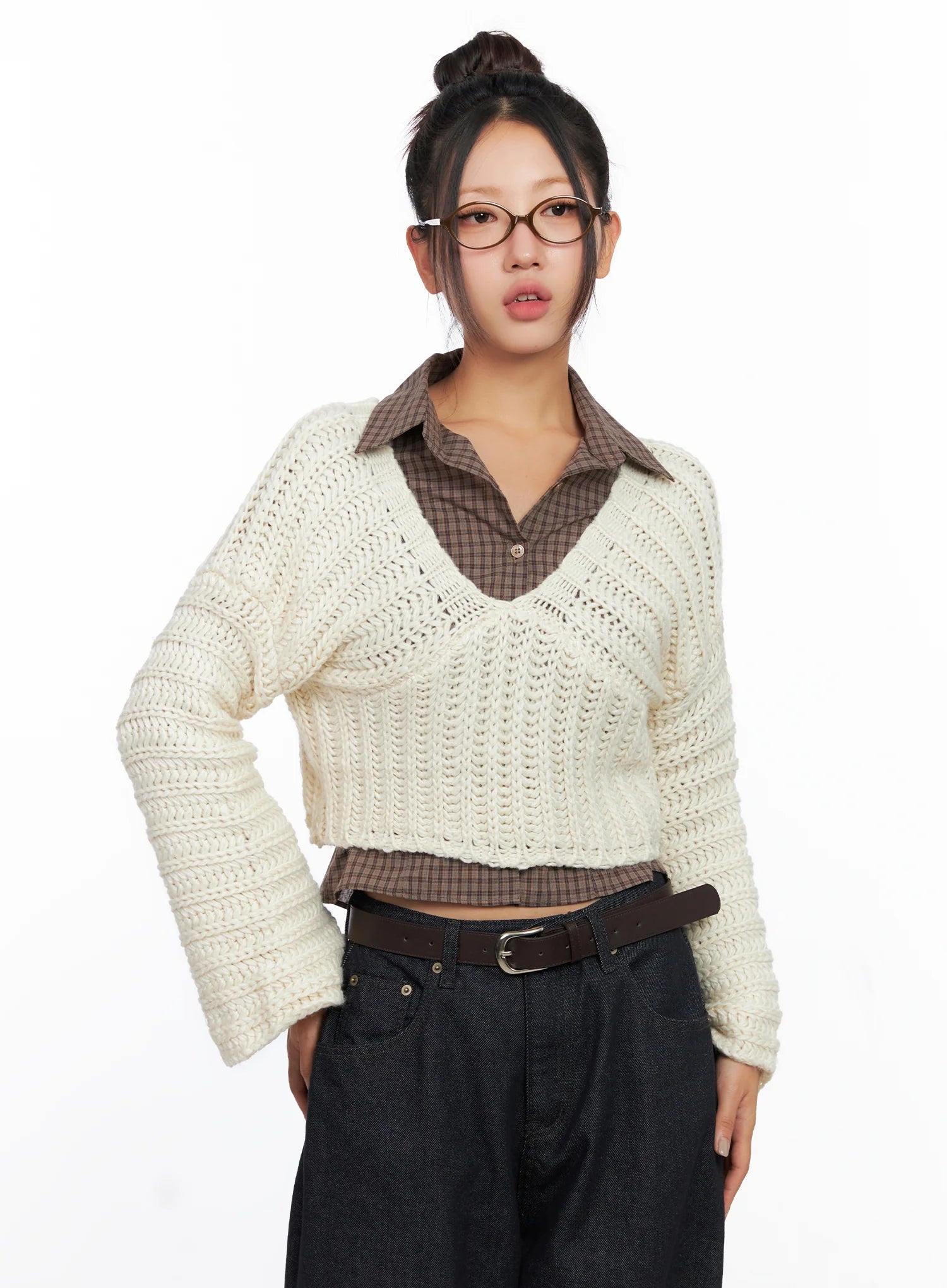 V-Neck Cropped Knit Sweater CO515