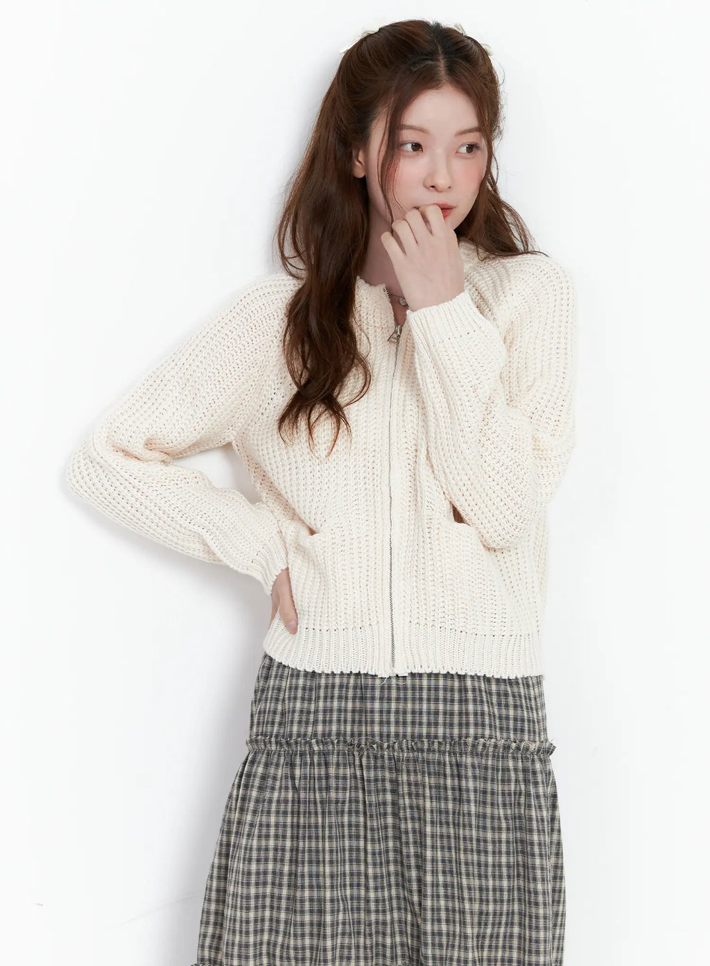 Waffle Knit Zip Up Cardigan CG520