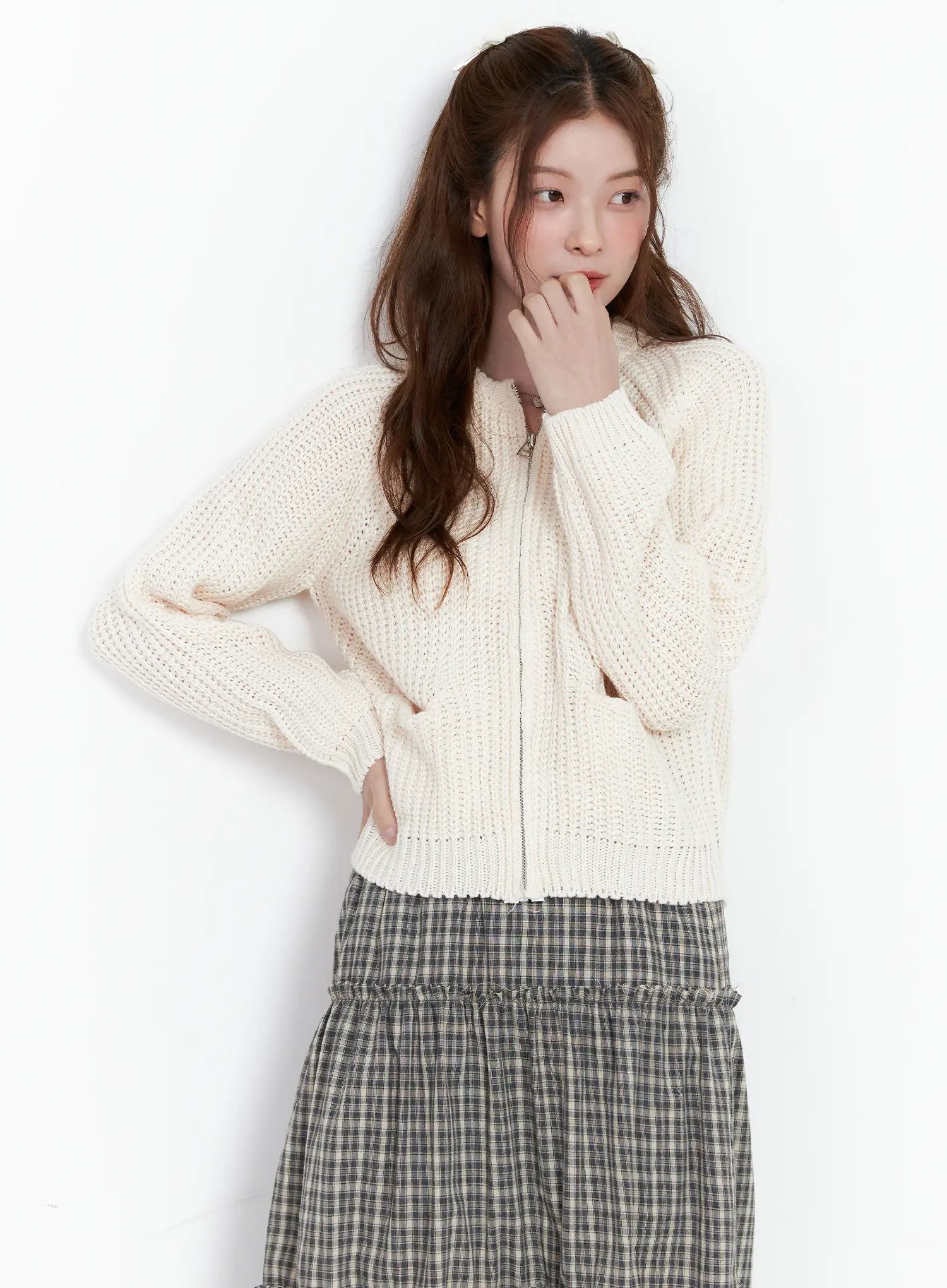 Waffle Knit Zip Up Cardigan CG520