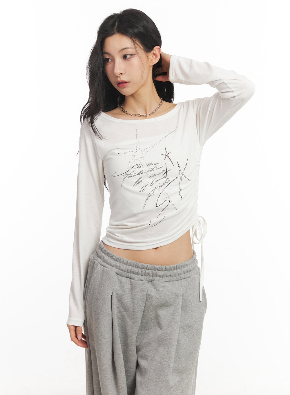 Graphic Shirred Crop Top CA504