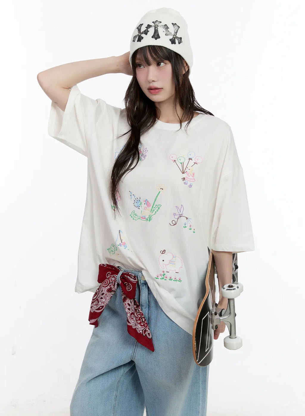 Whimsical Embroidered Oversized T-Shirt CL507