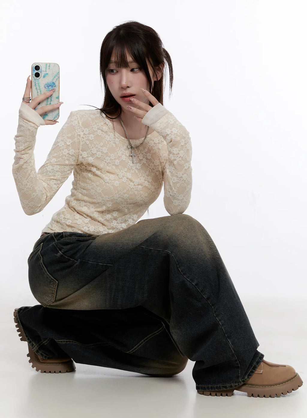 Floral Lace Slim-Fit Long Sleeve Top CO501